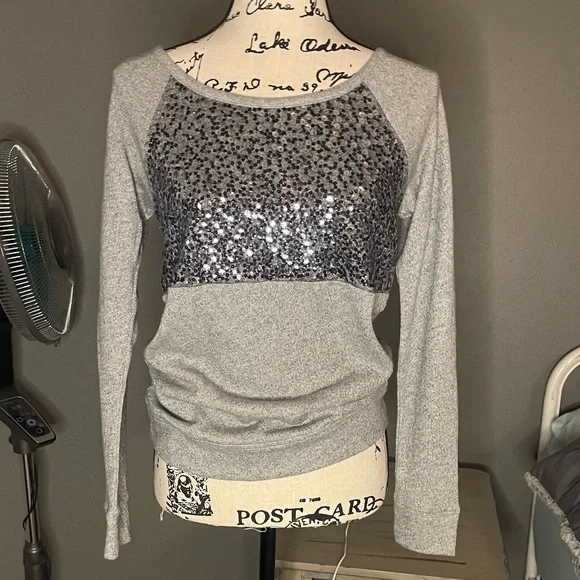 Express Grey Super Soft Sweatshirt Style- Size XS sequins are black & Silver - Picture 2 of 9